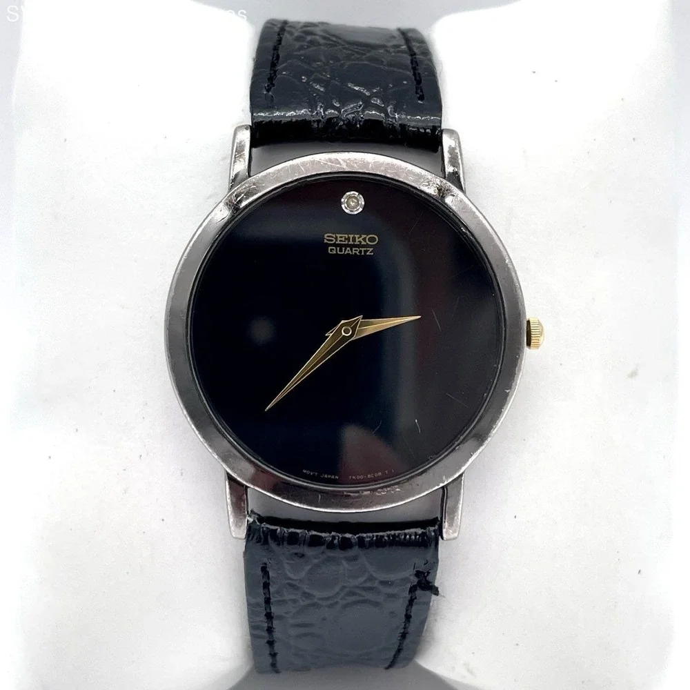 Seiko Women's Black Dial Diamond Accent Quartz Watch 7N00-8A49 Leather Band